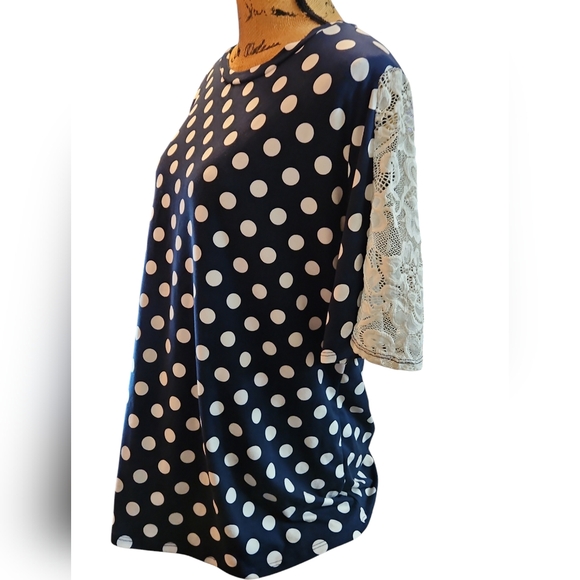 Reborn J Navy Polka Dot Lace Sleeved Womens Blouse size M - Picture 1 of 7